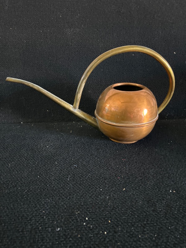 Photo 1 of Vintage unique MCM copper and brass flower watering pot appx 15 x 9 inches 