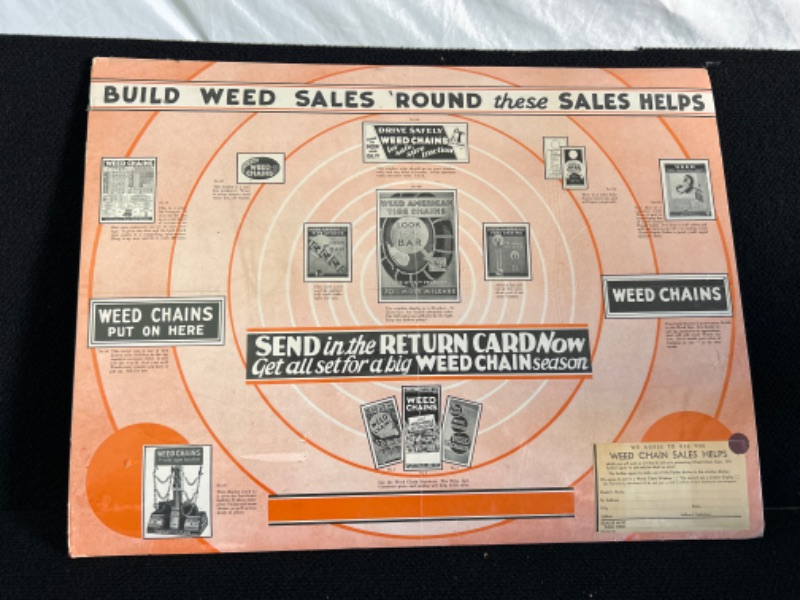 Photo 1 of vintage cardboard advertising sign for weed brand tire chains  appx 24 x 18 inches 