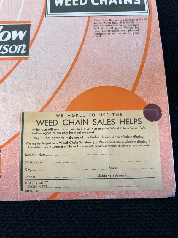 Photo 2 of vintage cardboard advertising sign for weed brand tire chains  appx 24 x 18 inches 
