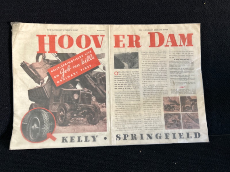 Photo 1 of 1932 Centerfold 2 page advertisement from Saturday evening post  for Kelly Springfield tires being used at Hoover Dam