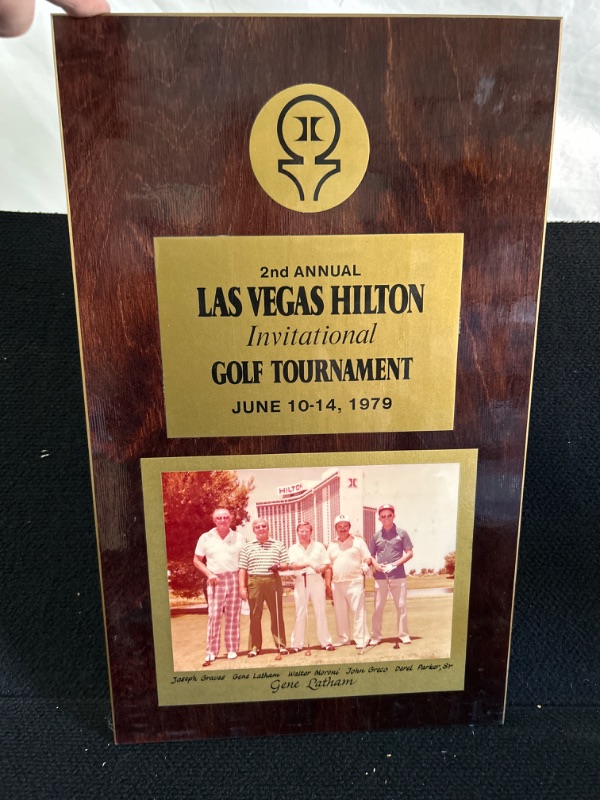 Photo 1 of Wooden plaque from Las Vegas Hilton 2nd Annual Golf tournament 1979 measures appx 19 x 12 inches 