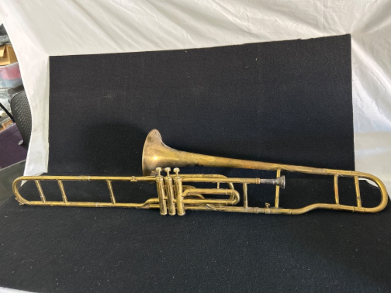 Photo 1 of Vintage large Brass horn marked Perfection Beare and sons Toronto and London Does not play case is in rough condition