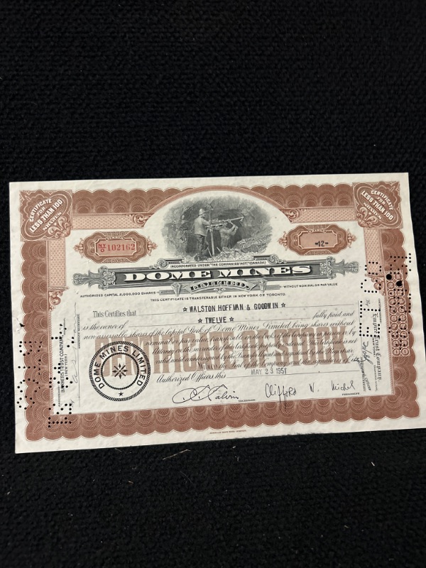 Photo 1 of Dome mines stock Certificate Canada 1951 