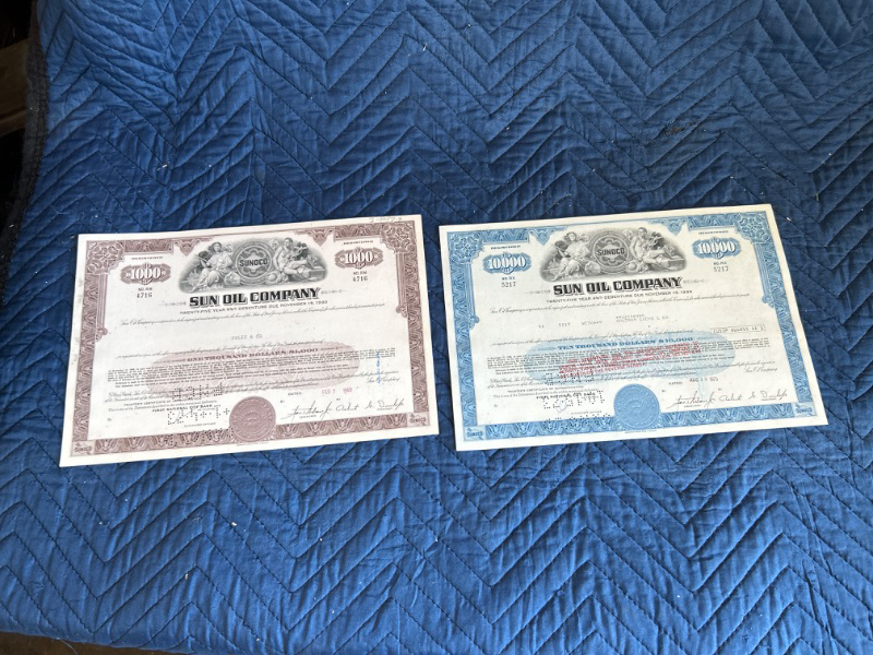 Photo 1 of 2 Sun Oil company stock certificates $10000 and $1000 1969 and 1973 