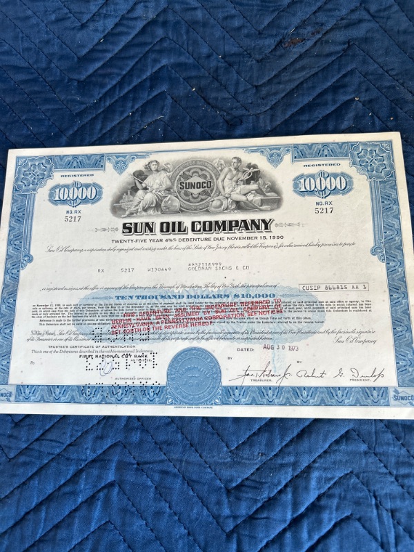 Photo 2 of 2 Sun Oil company stock certificates $10000 and $1000 1969 and 1973 