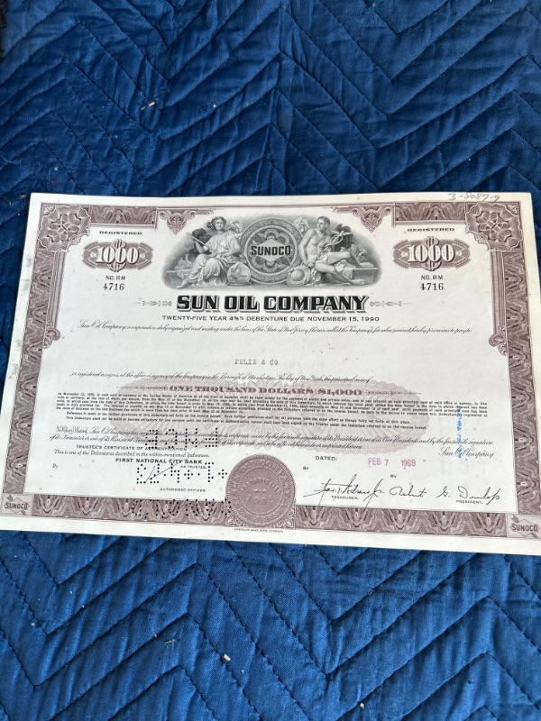 Photo 3 of 2 Sun Oil company stock certificates $10000 and $1000 1969 and 1973 