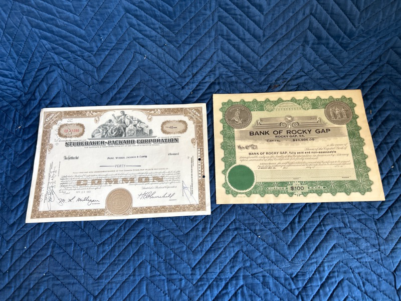 Photo 1 of  Atlantic Studebaker Packard 40 shares  and $100 Bank of Rocky Gap stock certificates