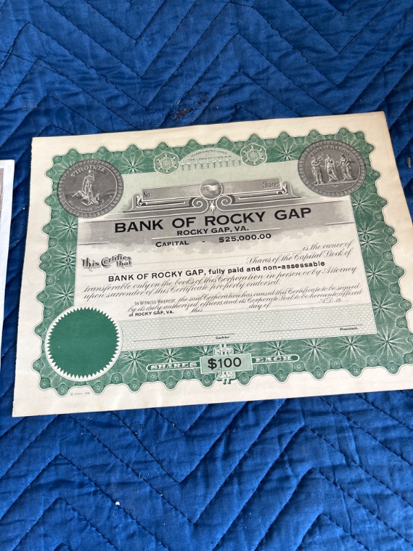 Photo 3 of  Atlantic Studebaker Packard 40 shares  and $100 Bank of Rocky Gap stock certificates