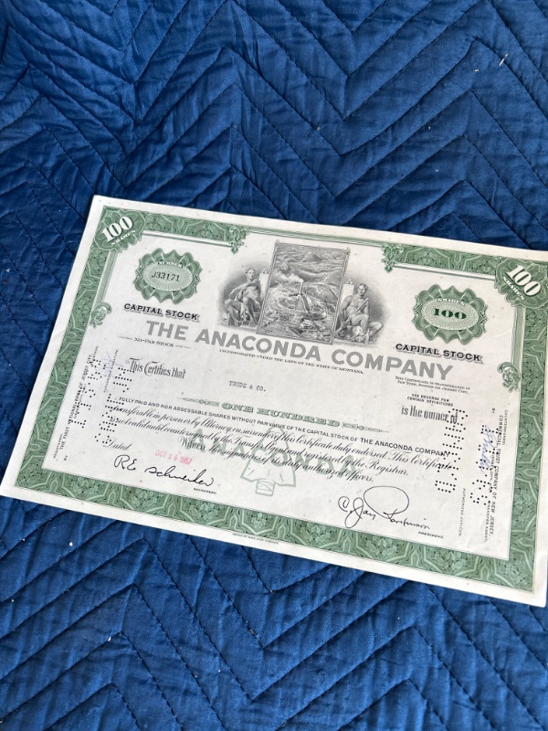 Photo 2 of two $100 1967 Anaconda  company stock certificates