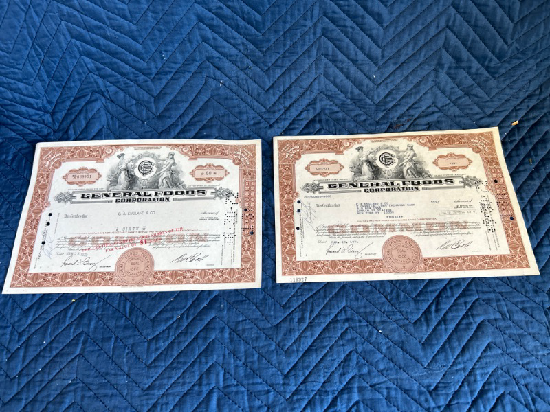 Photo 1 of two General foods corporation stock certificates 1970 and 1971 