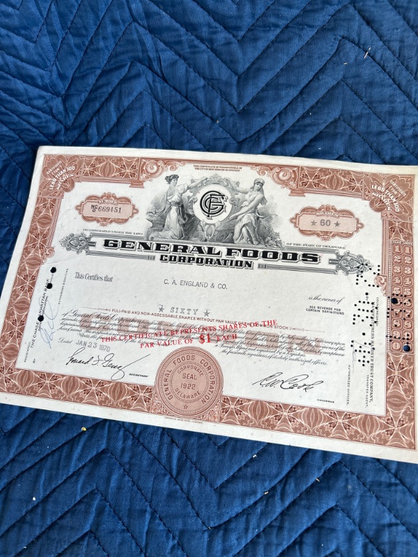 Photo 2 of two General foods corporation stock certificates 1970 and 1971 