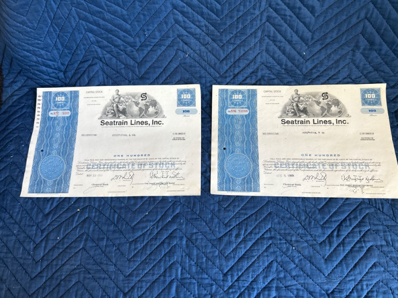 Photo 1 of two Vintage 1969 SeaTrain Lines Inc certificates