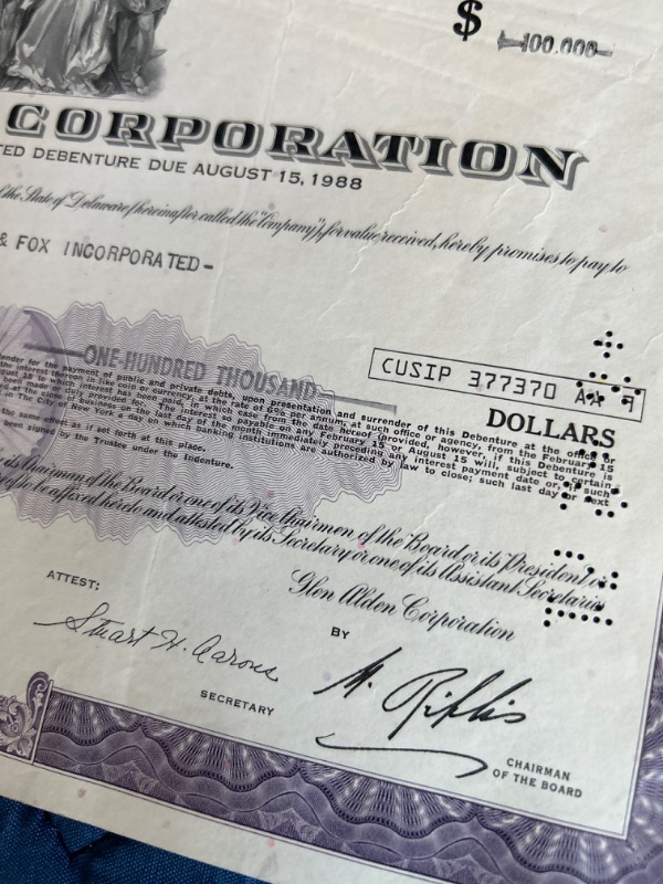 Photo 1 of two Vintage Glen Alden Corporation  stock certificates 1971 one for $100,000 and one for $50,000