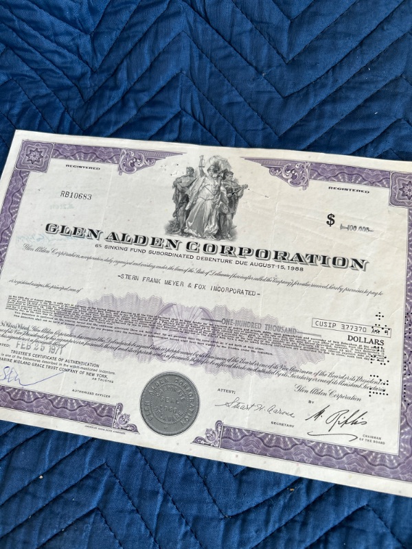 Photo 1 of two Vintage Glen Alden Corporation  stock certificates 1971 one for $100,000 and one for $50,000