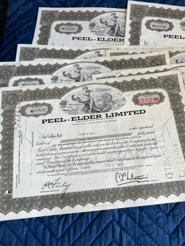 Photo 2 of 8 Vintage Peel-Elder Limited  stock certificates 1970 and 1971 