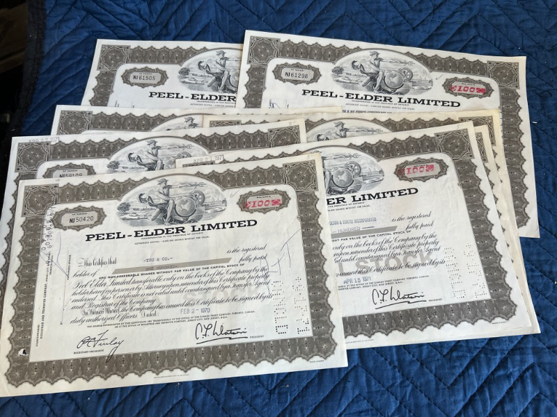 Photo 1 of 8 Vintage Peel-Elder Limited  stock certificates 1970 and 1971 