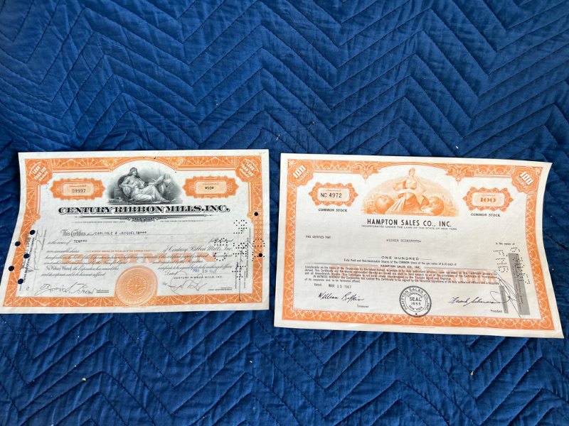 Photo 1 of two Vintage Hampton Sales 1967 and Century ribbon mills 1948 stock certificates