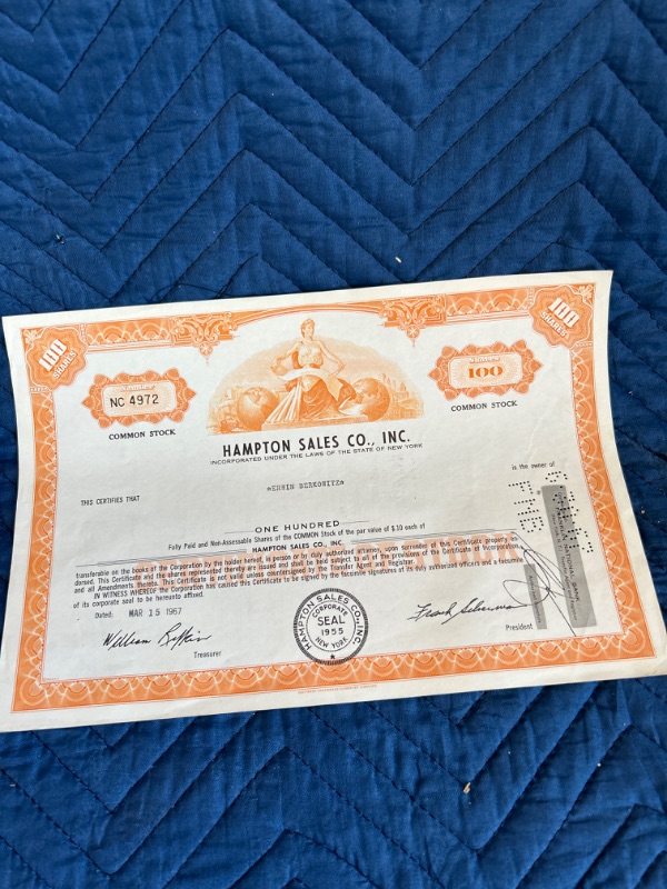 Photo 3 of two Vintage Hampton Sales 1967 and Century ribbon mills 1948 stock certificates