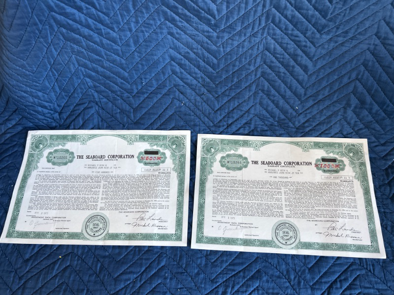 Photo 1 of two Vintage Seaboard Corporation  1973  stock certificates