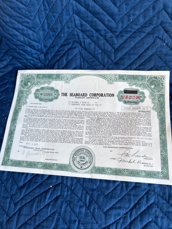 Photo 2 of two Vintage Seaboard Corporation  1973  stock certificates