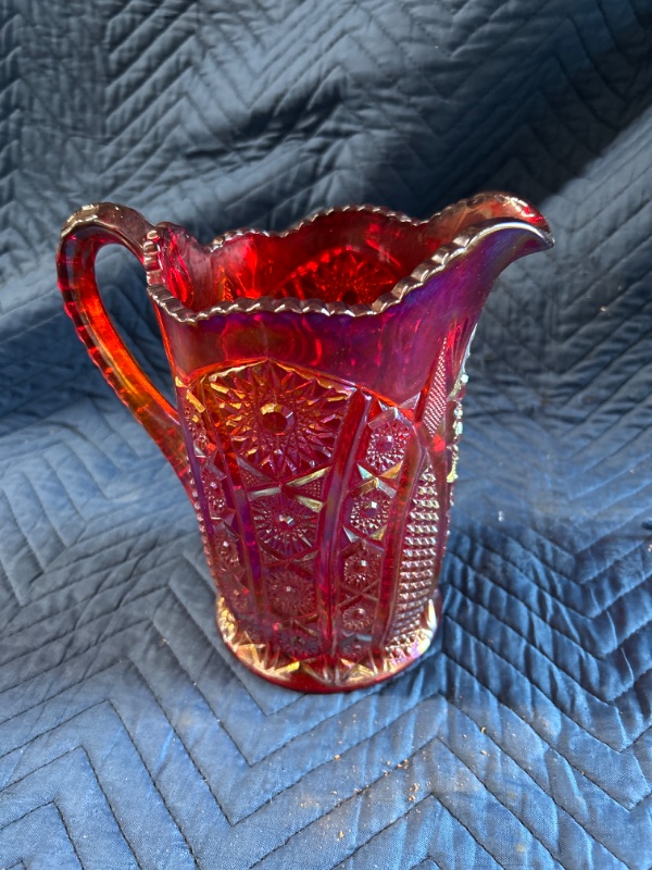 Photo 1 of Beautiful Vintage Red carnival glass Pitcher no Chips very nice condition 8.5 inches  tall 