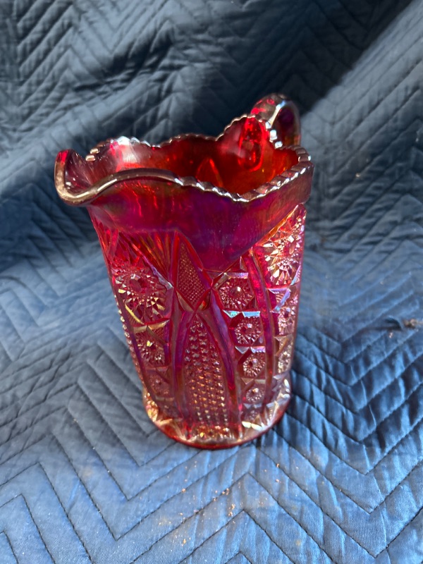 Photo 2 of Beautiful Vintage Red carnival glass Pitcher no Chips very nice condition 8.5 inches  tall 