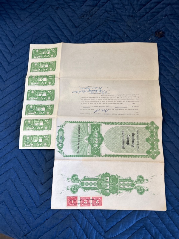 Photo 2 of $100 1928 Monumental mining company Prior Lien Gold Bond certificate with coupons and stamps 