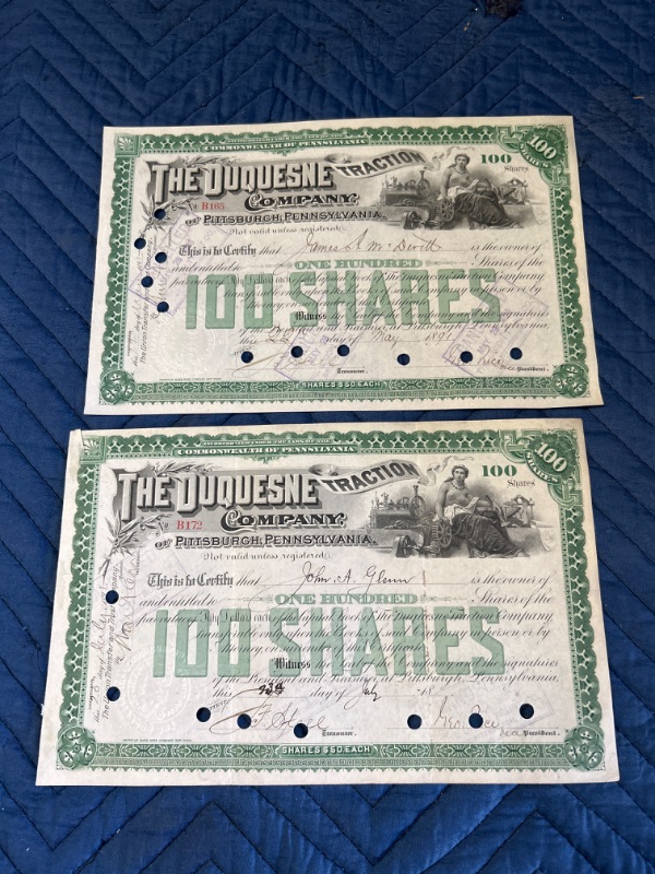 Photo 1 of Two 100 shares  Duquesne traction stock certificates 1891