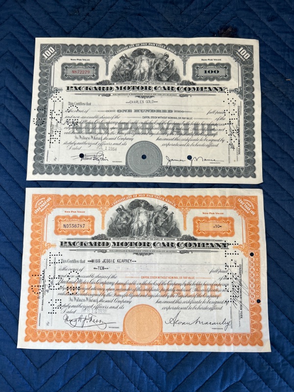 Photo 1 of 2 Packard motor company stock certificates 1938 and 1954 