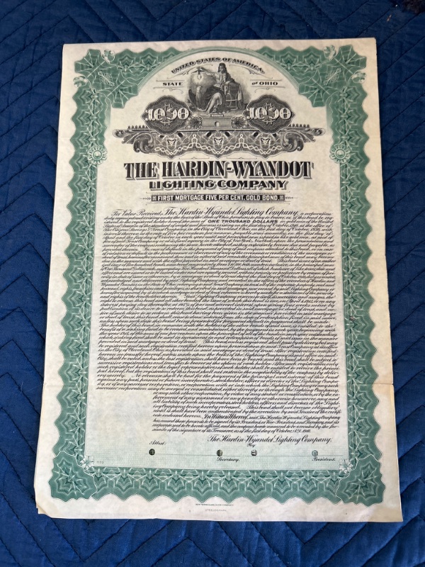 Photo 6 of Hardin-Wyandot Lighting First Mortgage Gold Bond $1000 Certificate 1911-1930 with all coupons see lots of photos  