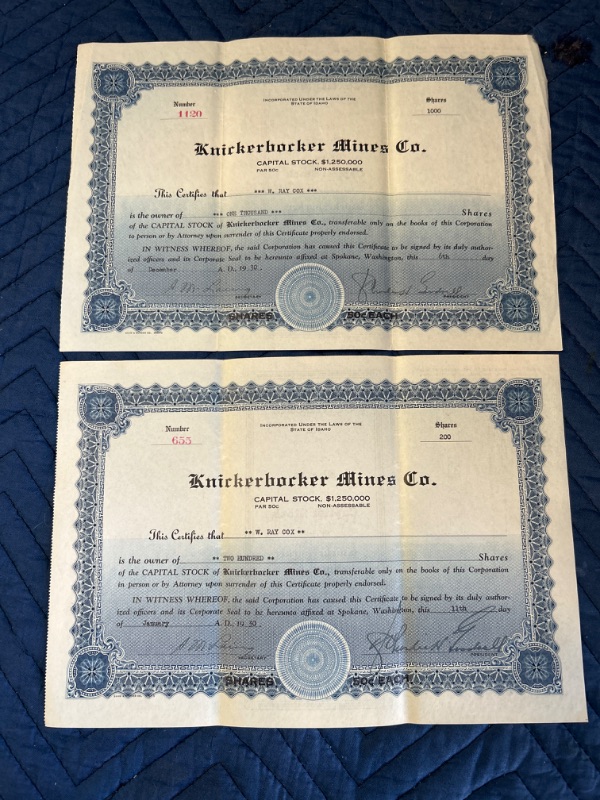 Photo 1 of Two Knickerbocker Mines Co Stock Certificates 1930