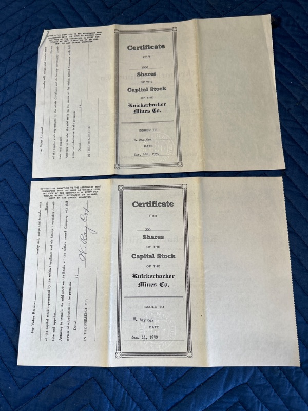 Photo 2 of Two Knickerbocker Mines Co Stock Certificates 1930