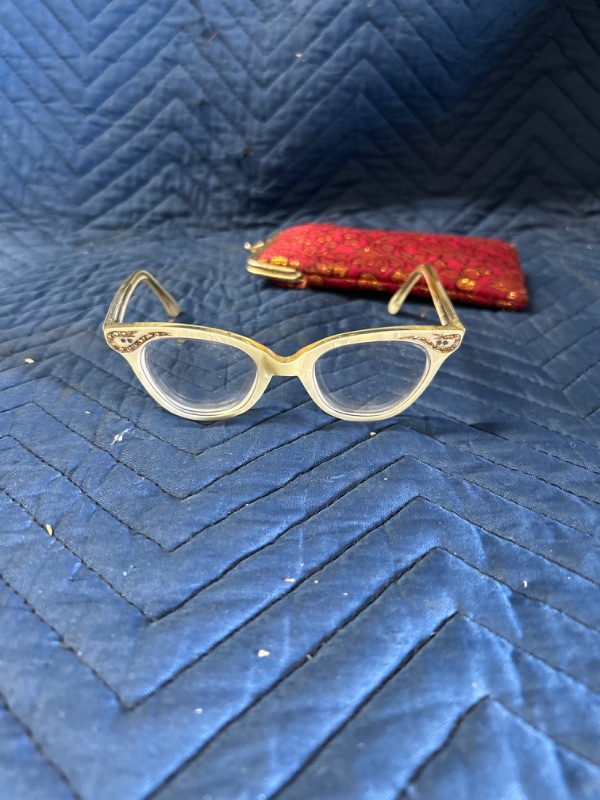 Photo 1 of Vintage cats eyes Prescription glasses with rhinestones Dragon-lady British Hong Kong has small crack on arm see photos 