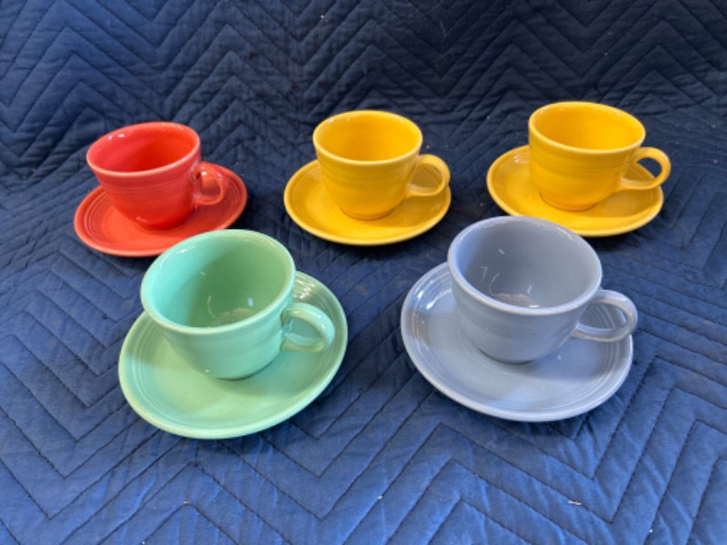 Photo 1 of 5 Fiestaware  cups and saucers Yellow, Green, Blue and Salmon  