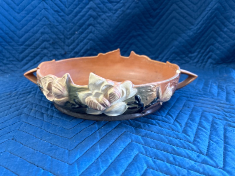 Photo 1 of Vintage large Roseville pottery bowl  14 inches across the handles has small chip