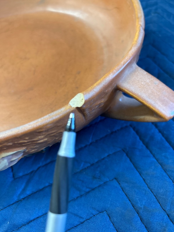 Photo 2 of Vintage large Roseville pottery bowl  14 inches across the handles has small chip