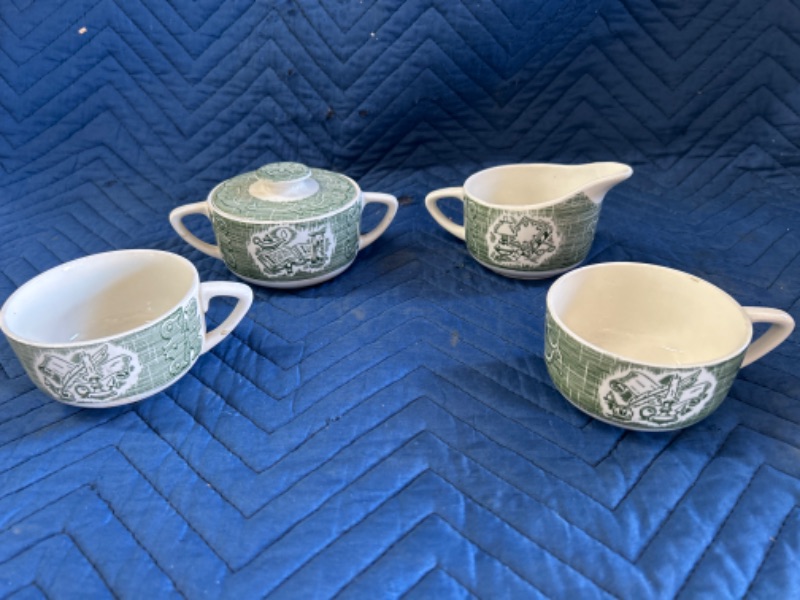 Photo 1 of Vintage green and white Creamer  and Sugar with 2 cups 