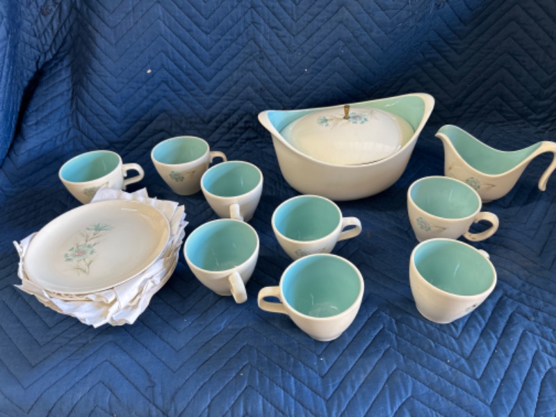 Photo 1 of Vintage MCM Taylor smith Taylor ever yours White and blue with flowers Large serving  bowl with lid with creamer and 8 cups and 7 plates 