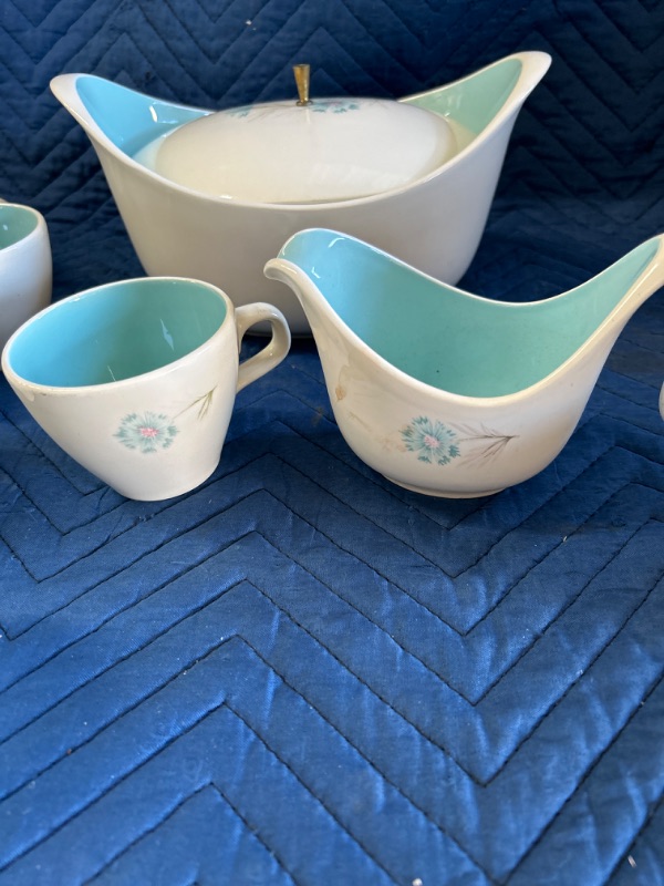 Photo 2 of Vintage MCM Taylor smith Taylor ever yours White and blue with flowers Large serving  bowl with lid with creamer and 8 cups and 7 plates 