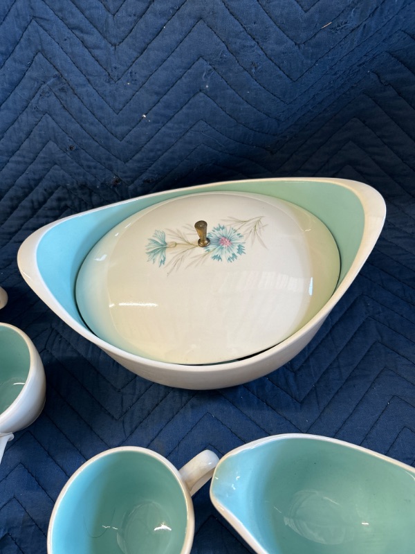 Photo 4 of Vintage MCM Taylor smith Taylor ever yours White and blue with flowers Large serving  bowl with lid with creamer and 8 cups and 7 plates 