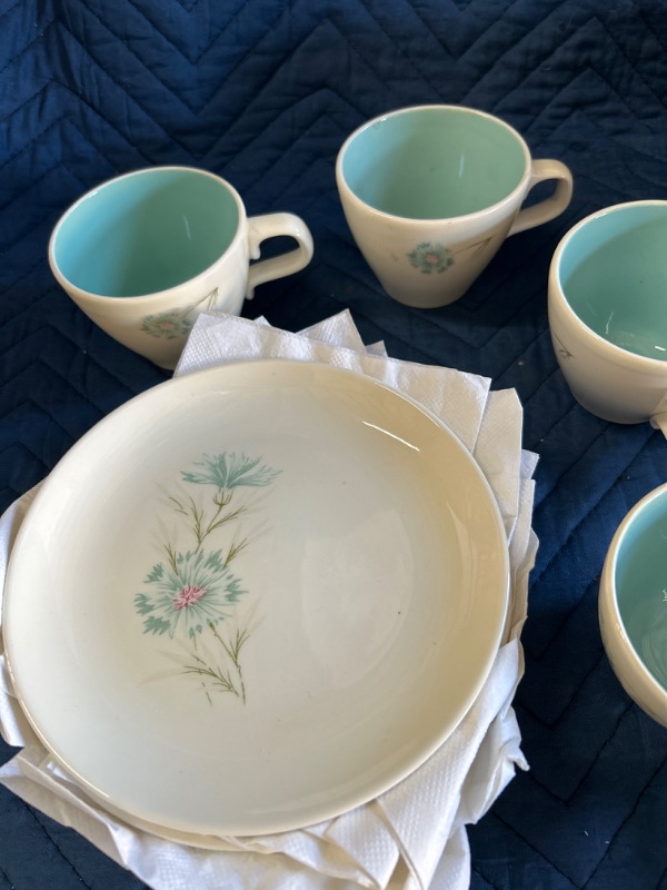 Photo 3 of Vintage MCM Taylor smith Taylor ever yours White and blue with flowers Large serving  bowl with lid with creamer and 8 cups and 7 plates 