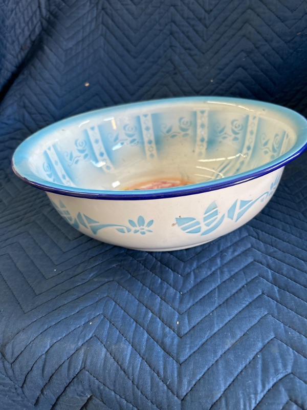 Photo 2 of Large Vintage metal enamel bowl with flowers in bottom Measures 14" x 5"