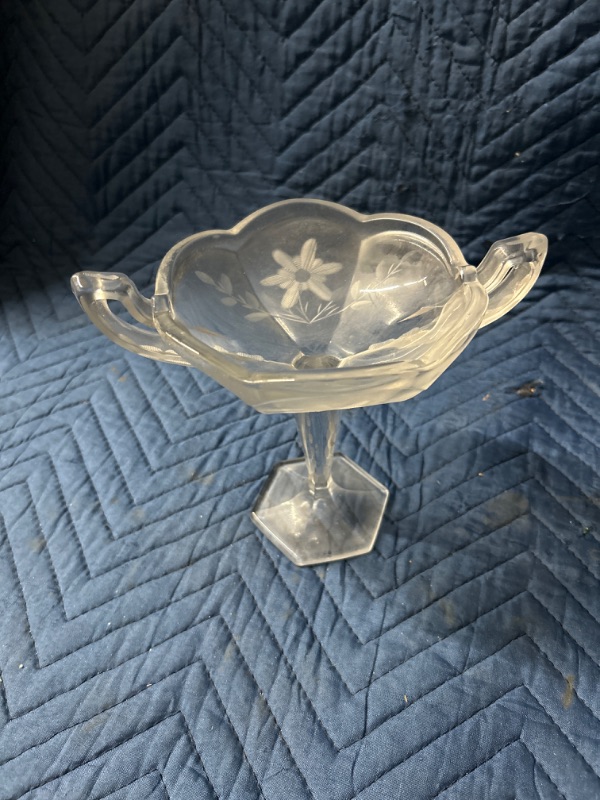 Photo 1 of Antique etched glass double handled bowl or dish 6" tall x 7.5" wide 