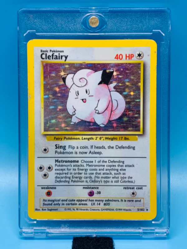 Photo 1 of 462496…Pokémon holo Clefairy card 5/102 -scuffs on corner- in hard plastic case 1999 