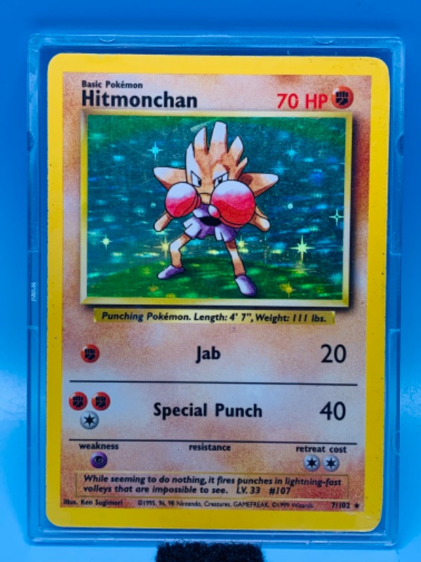 Photo 1 of 462499… Pokémon holo Hitmononchan card 7/102 wear on edges- in hard plastic case 1999 