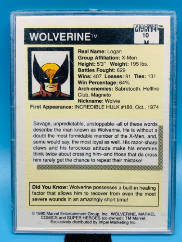 Photo 2 of 494467…vintage marvel super heroes Wolverine card 10 in hard plastic case 