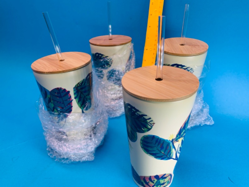 Photo 1 of 494516…4 Stainless steel Tumblers  with bamboo lid and straw 18.5 oz. 