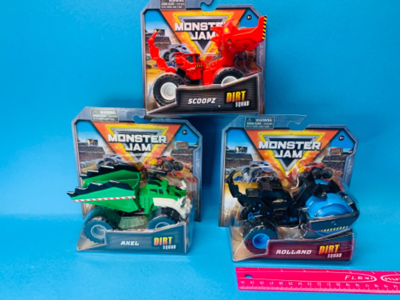 Photo 1 of 494664… 3 monster jam dirt squad toy trucks in packages 