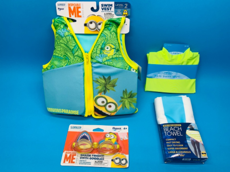 Photo 1 of 494861…minions swim vest, goggles, large swim shirt, and compact beach towels 