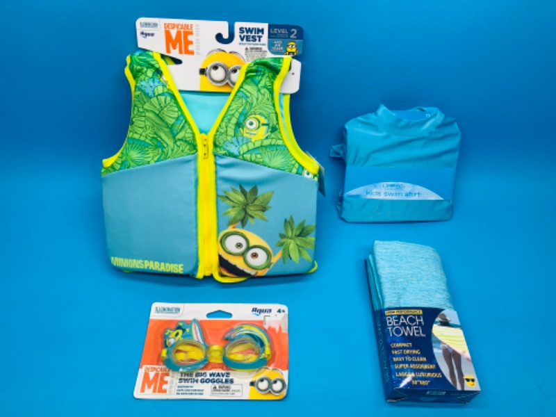 Photo 1 of 494862…minions swim vest, goggles, large swim vest, and compact beach towel 